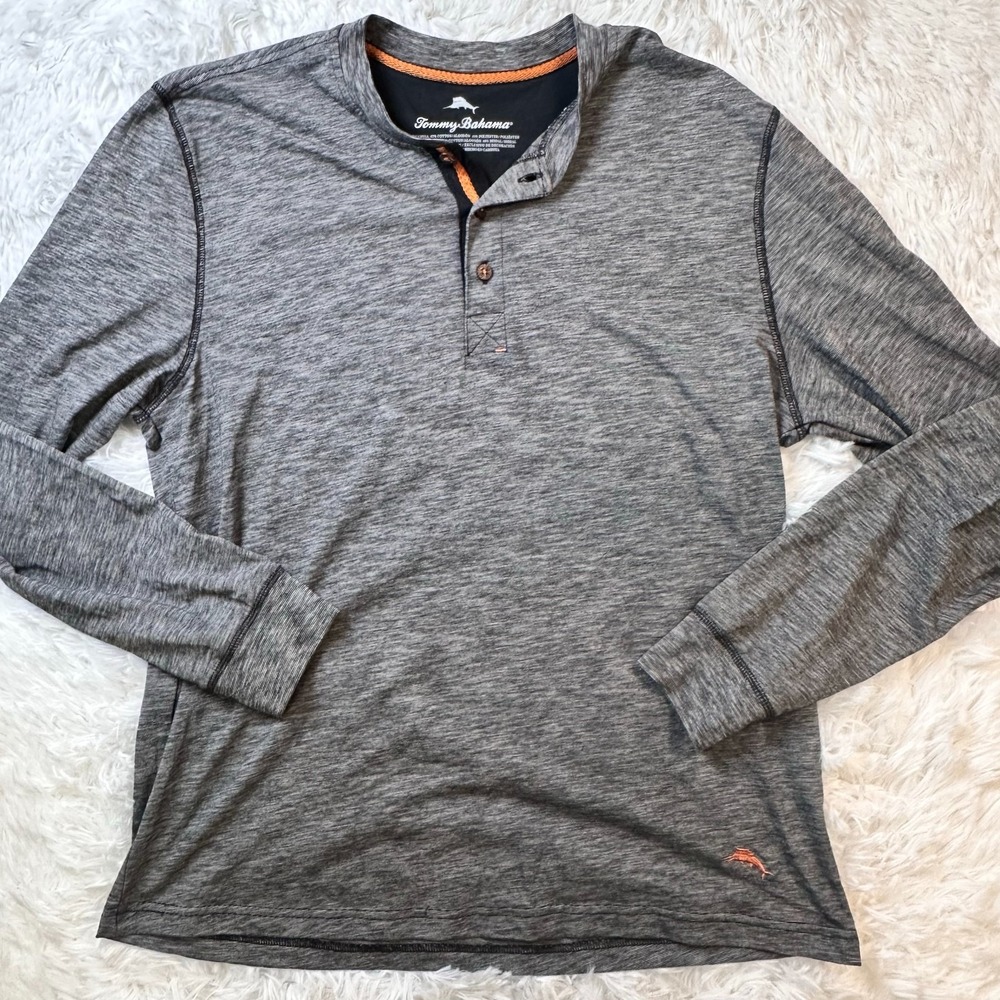 Tommy Bahama Mens Large Henley Long Sleeve Shirt Gray Cotton Blend